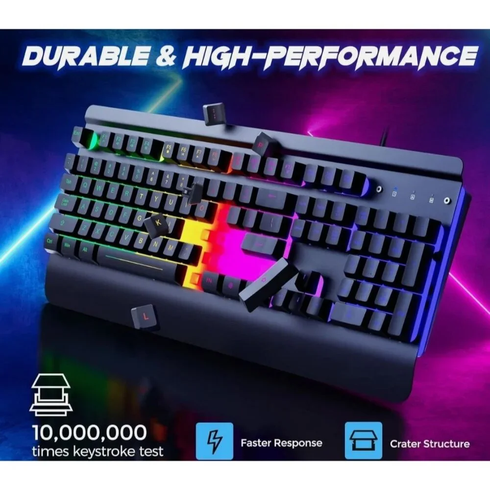 RisoPhy Gaming Keyboard, 104 Keys All-Metal Panel, Rainbow LED Backlit black